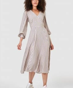 Closet Cream Purple & Green London V-Neck A-Line Dress