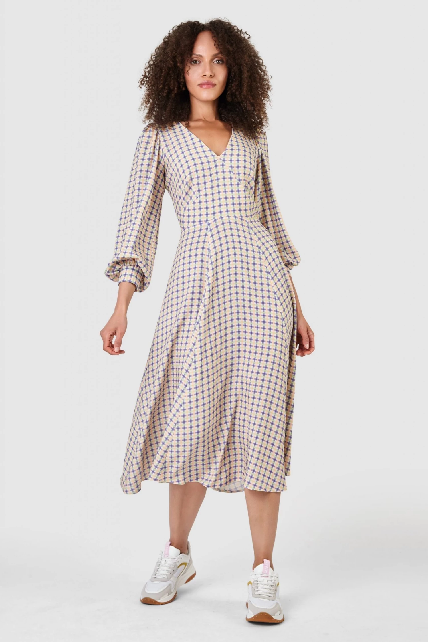 Closet Cream Purple & Green London V-Neck A-Line Dress